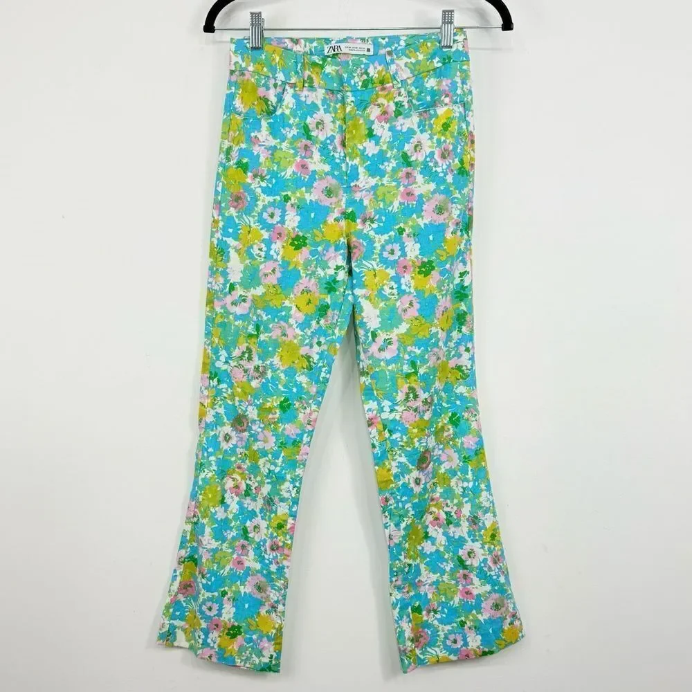 Zara Colorful Floral Retro Inspired Linen Blend High Rise Cropped Ankle Pants
